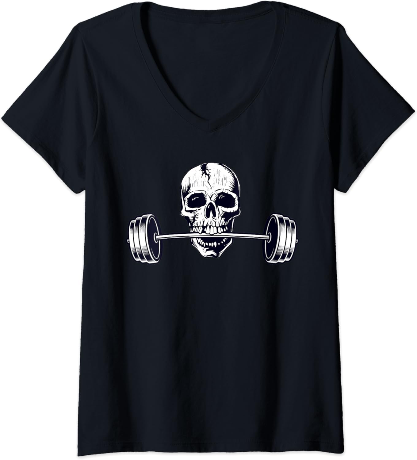 Womens Weightlifters Shirt, Powerlifting Lift Heavy Barbell Skull VNeck TShirt